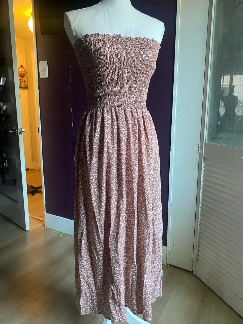 Strapless Smocked Maxi Dress in Dusty Rose Floral